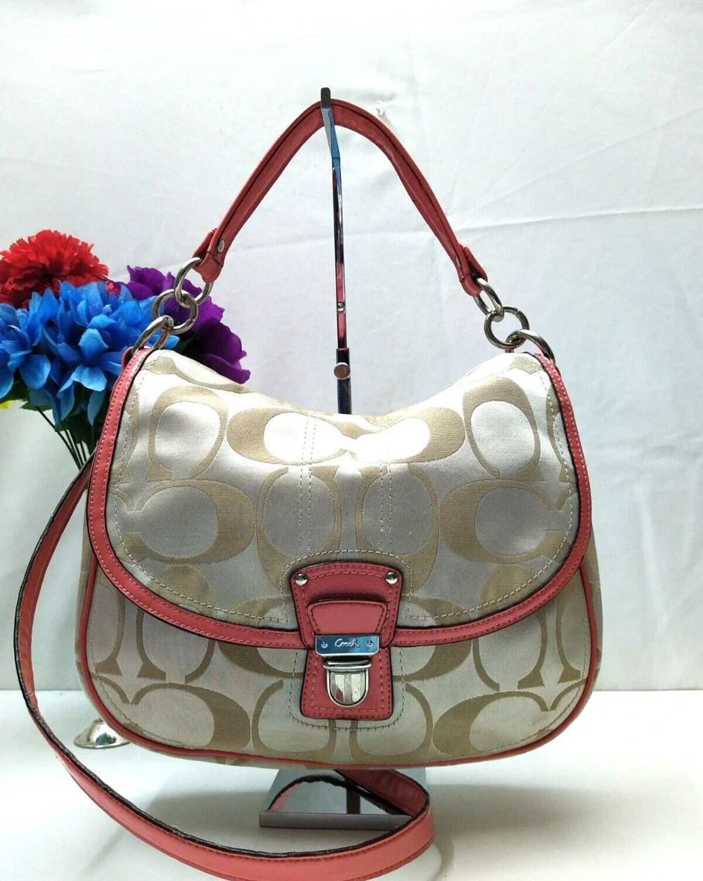Coach Signature Beige Canvas Pink Leather Trim Push Lock Crossbody Bag